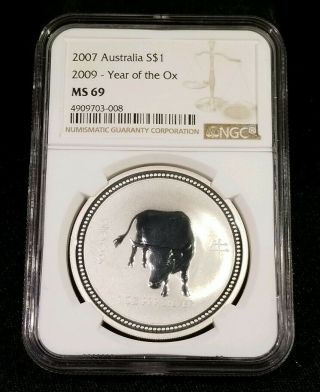 2007/2009 Ngc Ms69 Australian Lunar Year Of The Ox 1oz Silver Coin Rare Series 1