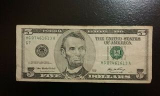 2006 $5 Dollar Bill.  Hg07461613a Chicago.  Meet Rare.  Federal Reserve Note.