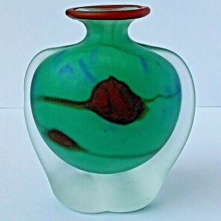 Rare Mdina Glass Vase Red Green Blue,  Red Lip & Sticker.  Etched 