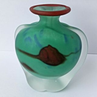 Rare Mdina Glass Vase Red Green Blue,  Red Lip & Sticker.  Etched ' Mdina ' 2