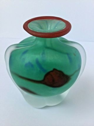 Rare Mdina Glass Vase Red Green Blue,  Red Lip & Sticker.  Etched ' Mdina ' 3
