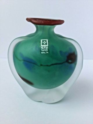 Rare Mdina Glass Vase Red Green Blue,  Red Lip & Sticker.  Etched ' Mdina ' 4