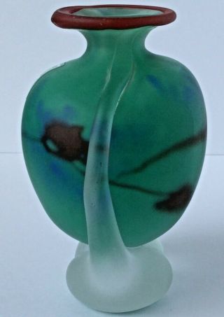 Rare Mdina Glass Vase Red Green Blue,  Red Lip & Sticker.  Etched ' Mdina ' 6