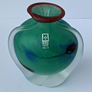 Rare Mdina Glass Vase Red Green Blue,  Red Lip & Sticker.  Etched ' Mdina ' 8
