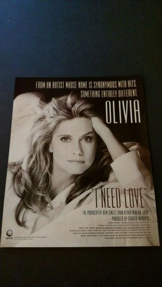 Olivia Newton - John " I Need Love " 1992 Rare Print Promo Poster Ad