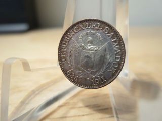1911 El Salvador Silver.  835 Unc.  Cinco Centavos Coin Orange Toned Rare Km - 124
