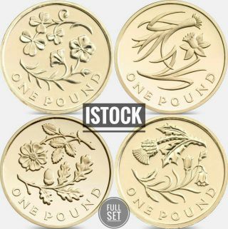 Full Set Round £1 Pound Coin Floral Series - Rare - Oak Flax Daffodil Thistle