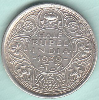 BRITISH INDIA KING GEORGE VI 1/2 RUPEE 1939 NR.  ABOUT UNC SILVER COIN EX.  RARE 2