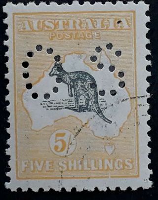 Rare 1918 - Australia 5/ - Grey Black & Chrome Kangaroo Stamp 3rd Wmk O/s Perf Cto