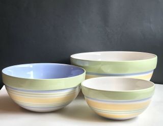 Rare Pampered Chef Ceramic Nesting Mixing Bowls Pastel Stripes Hostess Gift