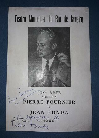 Pierre Fournier / Jean Fonda Rare 1968 Autographed Recital Program