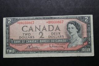1954 A/g 0333687 Star Replacement Rare Cut Error Note Canada $2 Two Dollar