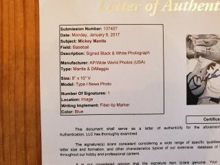 Mickey Mantle very rare 8x10 signed B/W type 2 photo W/ Joe DiMaggio.  JSA & PSA 7