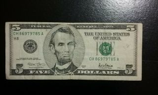 2001 $5 Dollars Bill.  St.  Louis Ch86979785a.  Meet Rare.  Federal Reserve Note.