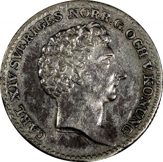 SWEDEN Carl XIV Johan Silver 1829 CB 1/6 Riksdaler Mintage - 2,  039 VERY RARE KM615 2