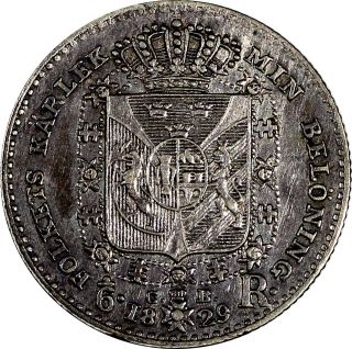 SWEDEN Carl XIV Johan Silver 1829 CB 1/6 Riksdaler Mintage - 2,  039 VERY RARE KM615 3