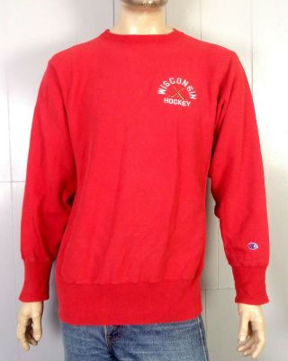 Vtg 80s Champion Reverse Weave Rare Wisconsin Badgers Hockey Sweatshirt Ncaa L