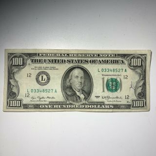 1977 Federal Reserve One Hundred 100 Dollar Small Franklin Note Bill Rare