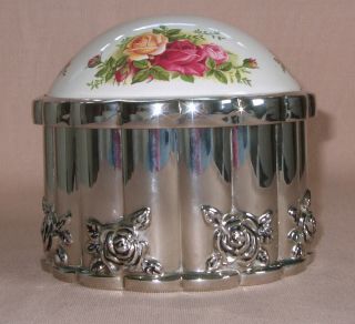 Royal Albert Old Country Roses Jewellery Box,  Silver Plated,  Porcelain Lid,  Rare