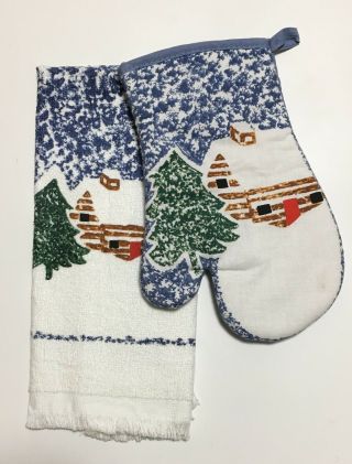 Tienshan Folk Craft Cabin In The Snow Hand Towel And Oven Mitt Rare Christmas