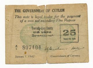 Ceylon Sri Lanka 25 Cents 1942 Rare Note