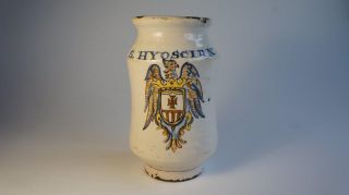 Rare Talavera Apothecary Jar,  S.  Hyoscian,  Coat Of Arms,  C1660