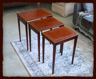 Mahogany Leather Top Nesting Tables By Henredon,  Sturdy And Strong Rare