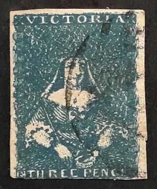 Rare 1855 - Victoria Australia 3d Steel Blue Half Length Stamp Ctf Printing