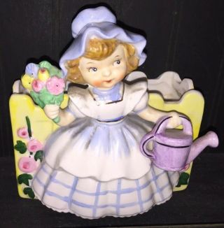 Very Rare Vtg Mary Quite Contrary Girl W/ Watering Can Planter Figurine 1c2057