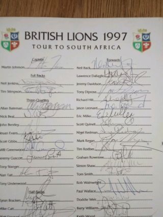Rare Magnificent 1997 British & Irish Lions Hand Signed Rugby Squad Team Sheet