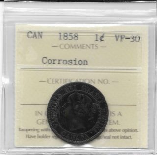 1858 Iccs Canadian Large Penny Vf - 30 Rare (corrosion)