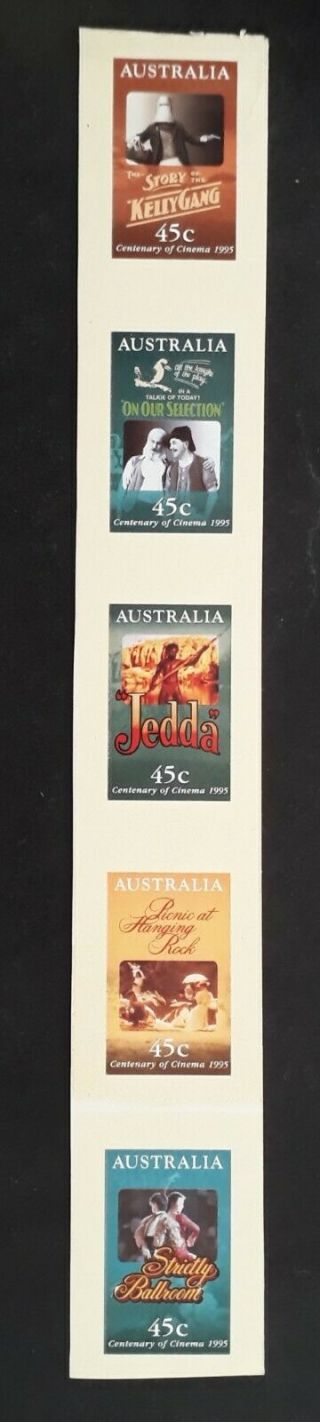 Rare 1995 Australia Strip Of 5x Centenary Of Cinema 1995 Stamps Peel/stick Imprf