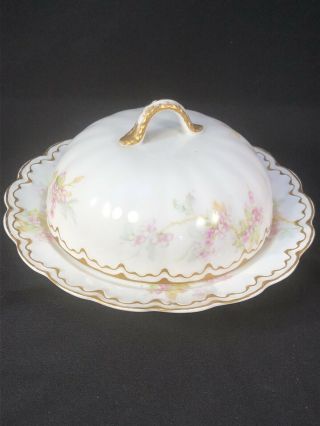 Haviland Limoges “rare” Schleiger H2390 Double Gold Butter Dish - Pink Flowers