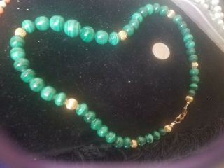 Malachite Graduated Bead Necklace With Gold - Filled Bead Spacers Clasp Rare Old