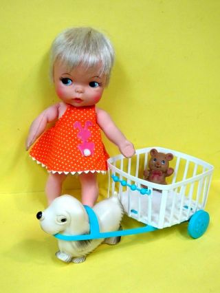 Rare Ideal 1967 10 " Honeyball W/wagon,  Puppy - Orange Polka Dot Outfit