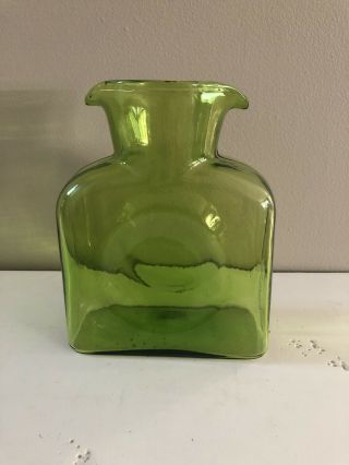 Vintage Blenko Green Art Glass Pitcher Water Bottle Double Lipped 8” Rare