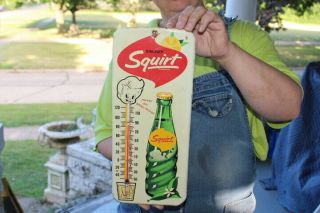 Rare Version Vintage 1963 Squirt Soda Pop 14 " Embossed Metal Thermometer Sign