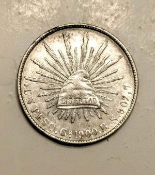 Mexico 1900 Go Rs Un Peso Silver Coin,  " Liberty Cap & Rays " Rare Scarce Coin