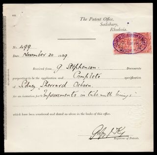 1909 Rhodesia Patent Office Registration Receipt.  A Rare Revenue Document.