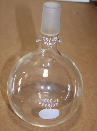 Pyrex Boiling Flask,  Round Flat Bottom,  1000ml Male 29/42 Joint,  Hooks,  Rare