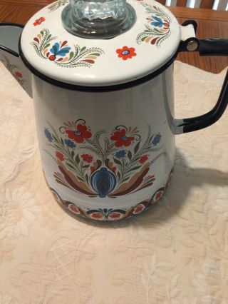 Rare Vintage Swedish Berggren Floral Folk Art Enamelware Coffee Pot Water Boiler