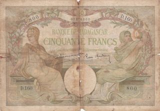 50 Francs Vg Banknote From French Madagascar 1937 - 47 Pick - 38 Rare