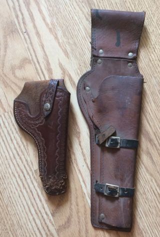 2 Vintage Brown Leather Belt Holsters 32 - 4 & Rare Large 14 3/4”pistol Holster