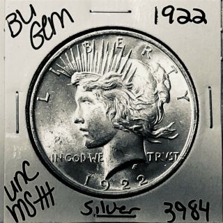 1922 P Bu Gem Peace Silver Dollar Unc Ms,  U.  S.  Rare Coin 3984