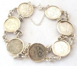 1912 - 1920 925 Silver Link Bracelet Chain Coin Threepence Retro Vintage Rare 24g