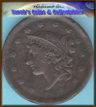1839 Large Cent Rare Very Fine Details Coin Values $75 Buy $25