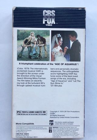 HAIR (1979) VHS Rare CBS FOX Hi - Fi Release AGE OF AQUARIUS 2