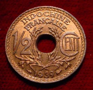 Rare Hi Grade Unc Red 1939 1/2 Cent French Indochina Detailed Coin