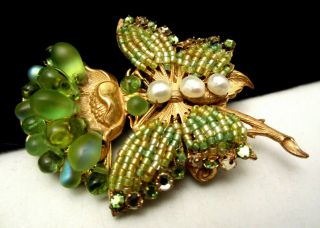 Rare Vintage 2 - 3/4 " Signed Miriam Haskell Green Glass Butterfly Brooch Pin A3