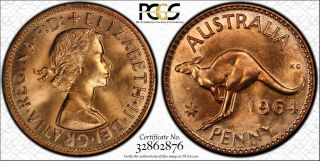 Australia Penny 1964 Melbourne Pcgs Ms65 Rd Coin Gem High Cv $295 Rare Full Red